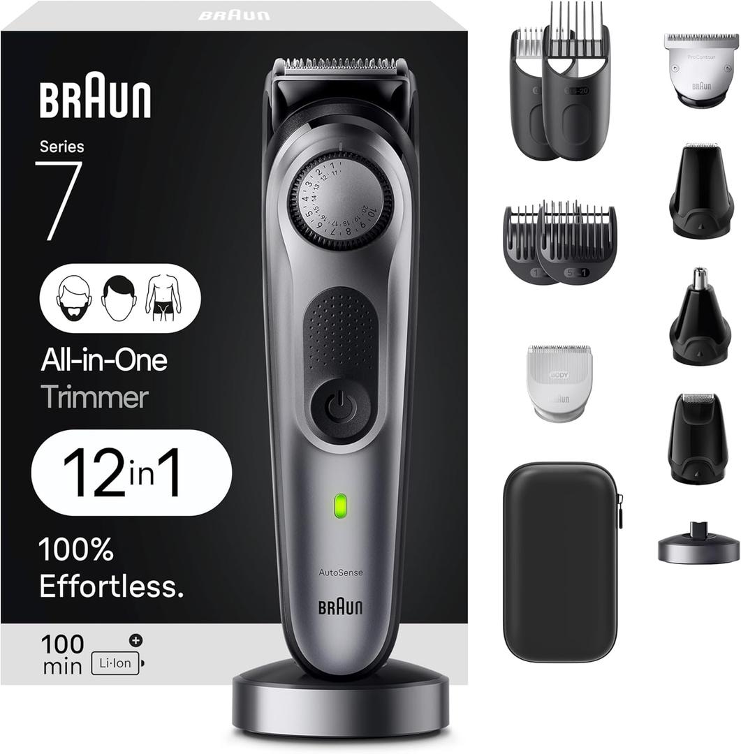 Braun All-in-One Men's Shaving Kit Series 7 7440, 12-in-1 Beard, Face, Nose, Ear Trimmer, Hair Clippers, Body Groomer and Manscaping + Travel Case + Charging Stand