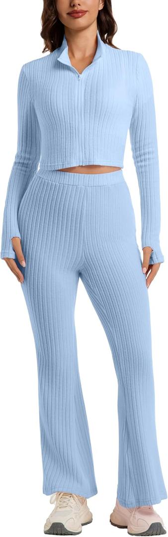 Womens 2 Piece Ribbed Knit Lounge Set Zip Up Crop Top High Waisted Flare Pants Cozy Fall Winter Matching Outfits (Large, Pink)