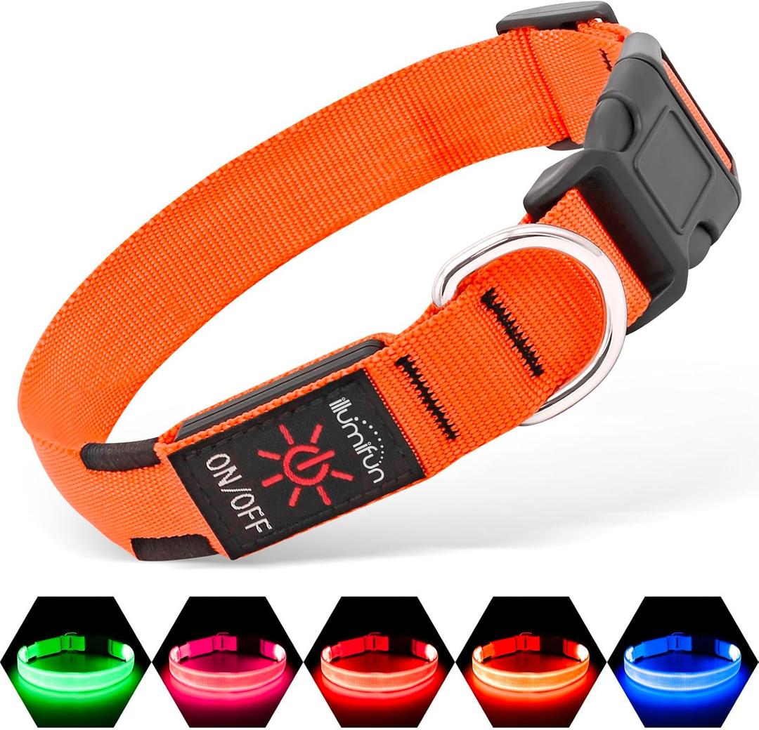 Illumifun LED Dog Collar, Adjustable Light Up Dog Collars, USB Rechargeable Water-Resistant Glowing Safety Collar Light (Orange, Small)