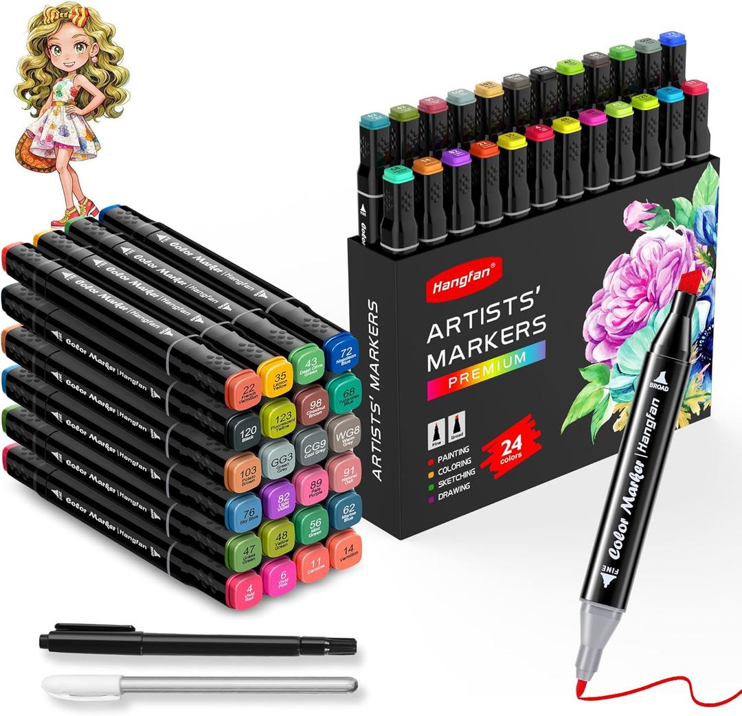 24 Colors Markers, Dual Tip Art Markers, Perfect for Beginner, Drawing, Sketching, Illustration