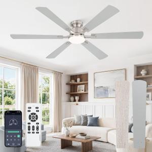 Fanbulous 60 Inch Ceiling Fan with Lights, APP & Remote Control, Flush Mount Low Profile Brushed Nickel Ceiling Fan, 3000-6000K Dimmable LED, Quiet Reversible Motor, 6 Speeds, for Living Room Bedroom