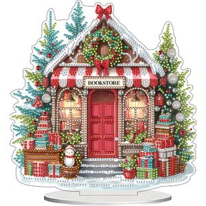 JJFox DIY 5D Tabletop Diamond Art Painting Kit Desktop Ornament Special Shaped Rhinestone Desk Placement Ornament Home Office Stand Up Gem Painting Craft Kit Gift (Christmas Bookstore)