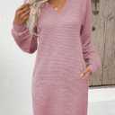 EVALESS Womens Fall Dresses 2026 Long Sleeve V Neck Casual Dress Textured Loose Fit Shift Mini Dress with Pockets (XXL)