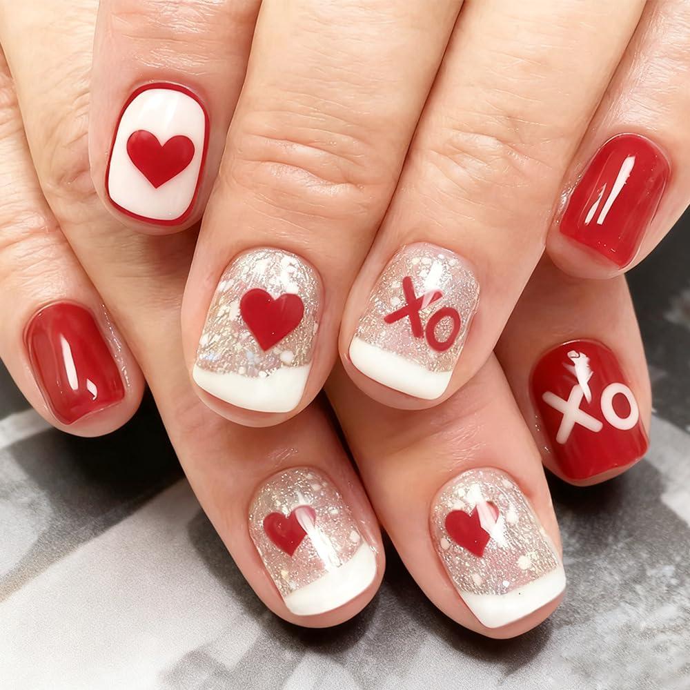 Valentine Press on Nails Red Short Fake Nails with Bling Glitter Designs Valentine Full Cover Stick on Nail White French Tip Nails Press ons Square Acrylic False Nail for Women 24Pcs Manicure Kit