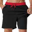 SILKWORLD Mens Swim Trunks with Compression Liner 2 in 1 Quick Dry Bathing Suit Beach Shorts with Zipper Pockets (Black, XXL)