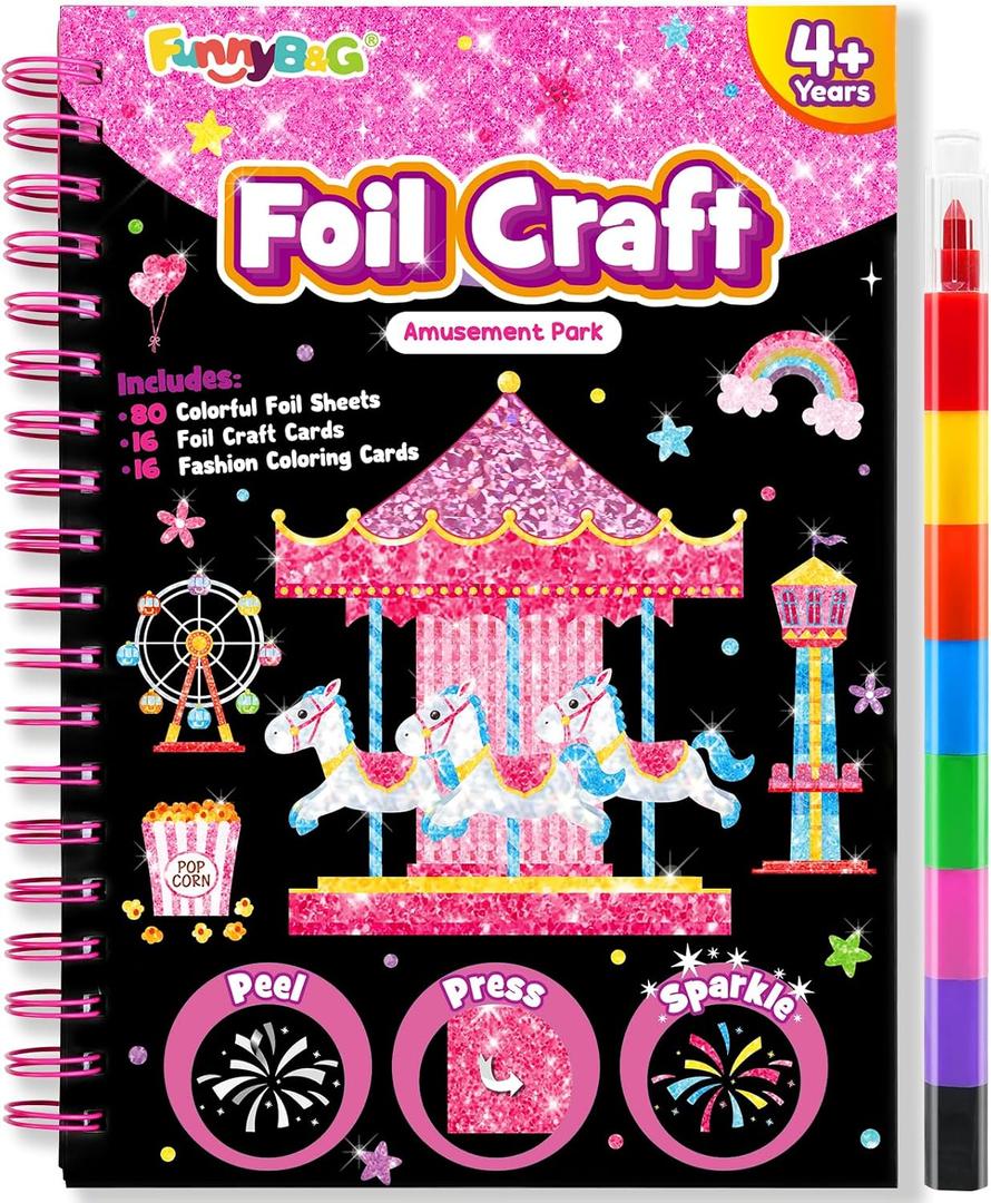 FUNNYB&G Foil Art Craft Kit for Girls 4-10 Years Old: Mess-Free & No-Glue, Create 16 Sparkly Amusement Park Pictures Perfect Travel Toy & Birthday Gift for Kids Amusement Park