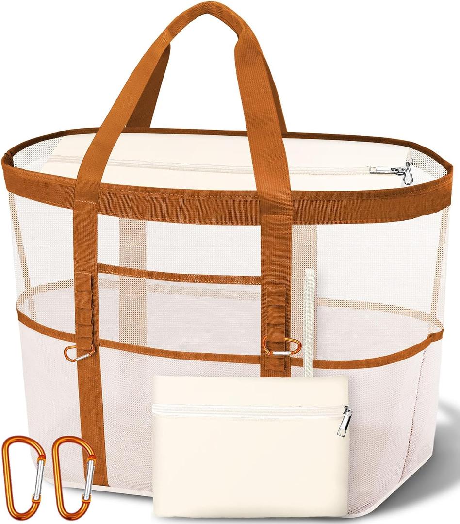 2026 Stylish & Spacious XX-Large Beach Bag for Women Mesh Canvas Tote with Top Zipper, 11 Tall Pockets | 40L+ Spacious, 11 Tall Pockets, Zipper Pouch, Secure Zip-Top, Sand-Resistant Base