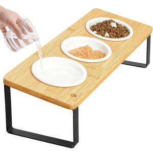 Sunhoo Raised Cat Food Water Bowl Elevated Tilted Kitty Dishes Set of 3 Ceramic Dish for Indoor Cats Orthopedic Pet Food Stand Reduces Vomiting 3 Bowl Cat Feeder Easy Assembly(Wood Color)