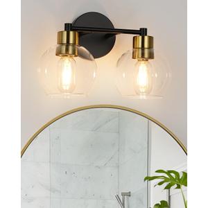 WILON 2-Light Bathroom Vanity Light Fixture Over Mirror, Black and Gold Sconces with Clear Globe Glass Shades, E26 Base Wall Lamp for Living Room Bedroom Stairway