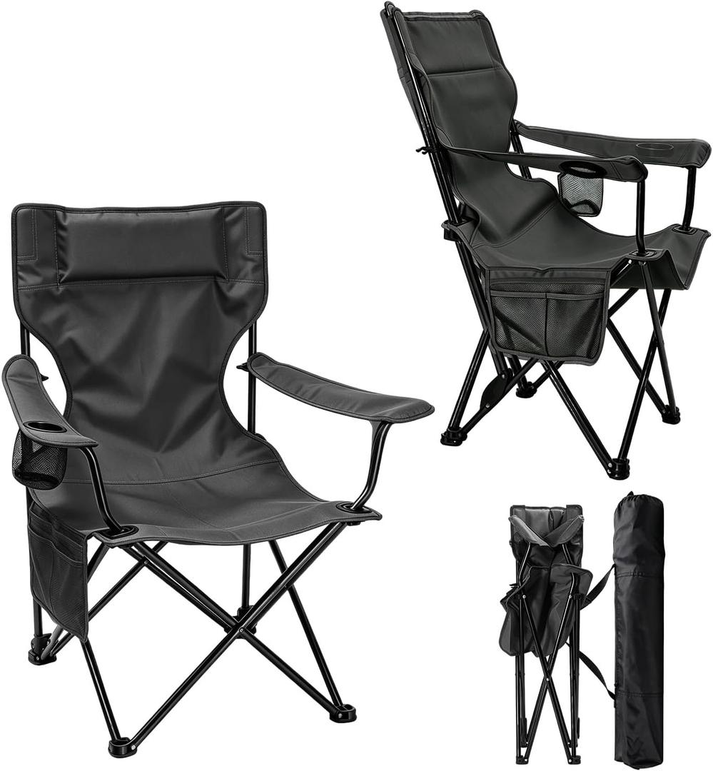 Camping Chairs 2Pack Beach Outdoor Chair for Adults Folding Lawn Chair with Cup Holder, Adjustable Backrest and Carry Bag Included for Tailgating, Beach, Fishing（Black）, 18.7 x 18.7 x 33.5 inches