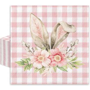 Whaline 80Pcs Easter Paper Napkin Rabbit Floral Greenery Disposable Luncheon Napkins Pink Plaid Bunny Ear Flower Dinner Hand Napkins for Spring Party Supplies Table Decoration