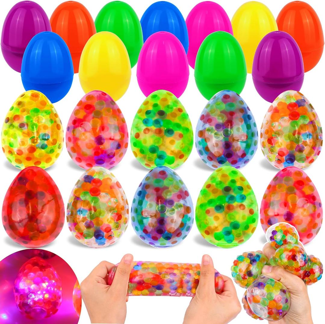 FLYSNK 18 Pack Plastic Easter Eggs Filled with Light Up Fidget Stress Balls, Glow in The Dark Egg Shape Squeeze Balls Sensory Toys Party Favors for Kids Teens Easter Egg Hunt Basket Stuffers Fillers