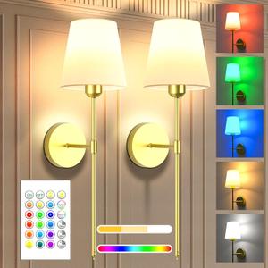 Battery Operated Wall Sconce Set of 2 - Rechargeable Wireless Wall Lights with Remote, 6000mAh Dimmable Bulbs with 15 Colors, Wall Decor for Living Room, Bedroom, and Hallway (Gold) (Glod)