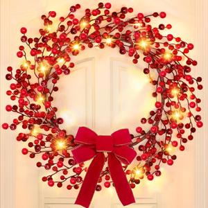 Timer & 8 Modes Prelit Lighted Christmas Wreaths for Front Door,Red Berry Christmas Wreath with 20 Warm White Lights Bowknot Waterproof Battery Operated Xmas Wreath for Window Door Outdoor 20 Inch