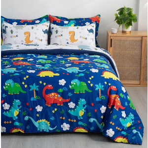 Wajade Kid Boys Comforter Set 7 Piece Bed in a Bag Bedding Set -3D Blue Dinosaur Wild Park Jungle Print Bedding Set with Comforter, Sheet Set, Pillowcase and Sham, Full Size