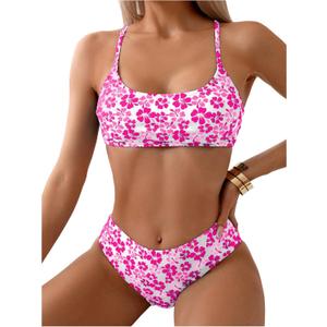 SweatyRocks Women's Floral Print Bikini Set High Cut Boho Swimsuit Two Piece Bathing Suit, Medium