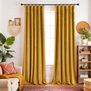 KOUFALL Mustard Yellow Velvet Curtains Blackout,Back Hook Retro Mid Century Modern Curtain,Pleated MCM Vintage Boho Eclectic Curtains for Living Room Bedroom 84 Inches Long 2 Panels