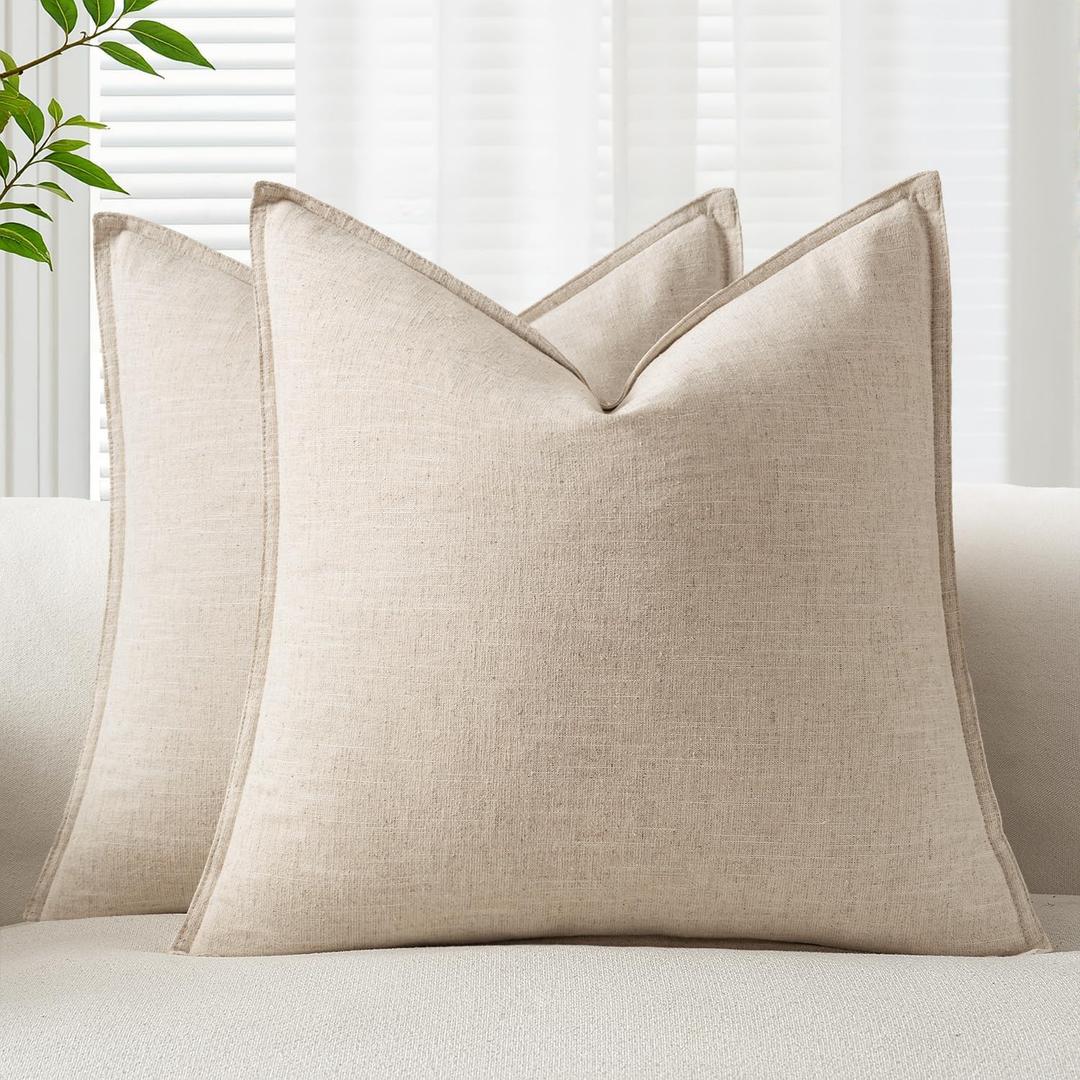 EMEMA Decorative Linen Throw Pillow Covers 24x24 Inch Natural Beige Boho Farmhouse Neutral Couch Throw Pillows for Bed Pack of 2 Accent Pillowcase Modern Sofa Cushion Livingroom Home