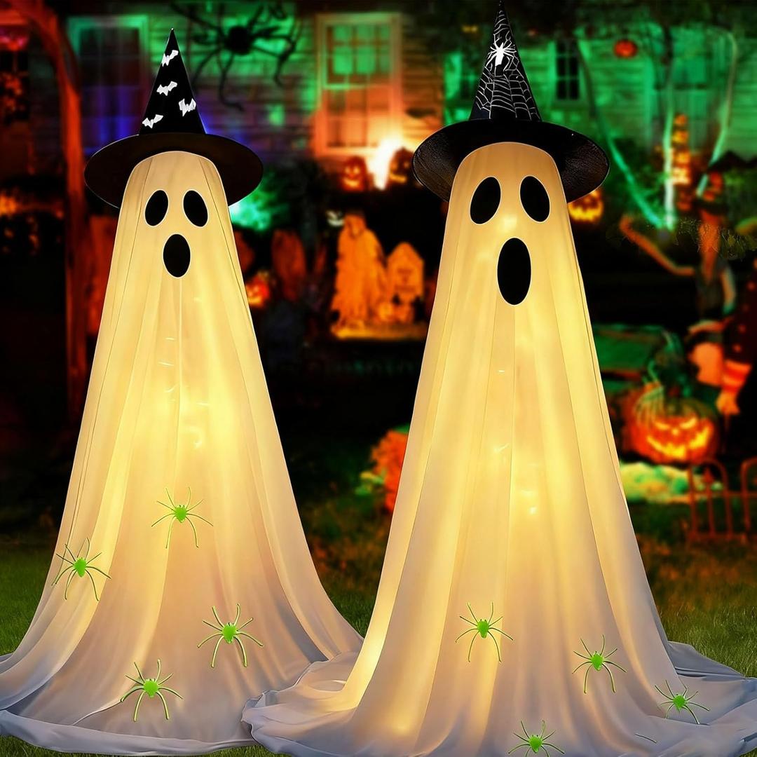 2pcs Ghost Halloween Decorations Outdoor Indoor Light Up Ghost Decorations Kit 5FT DIY Adjustable standing Porch Yard Ghost Decor with 3D Luminous Spider & Hat Lighted Ghost Halloween Lawn Decorations