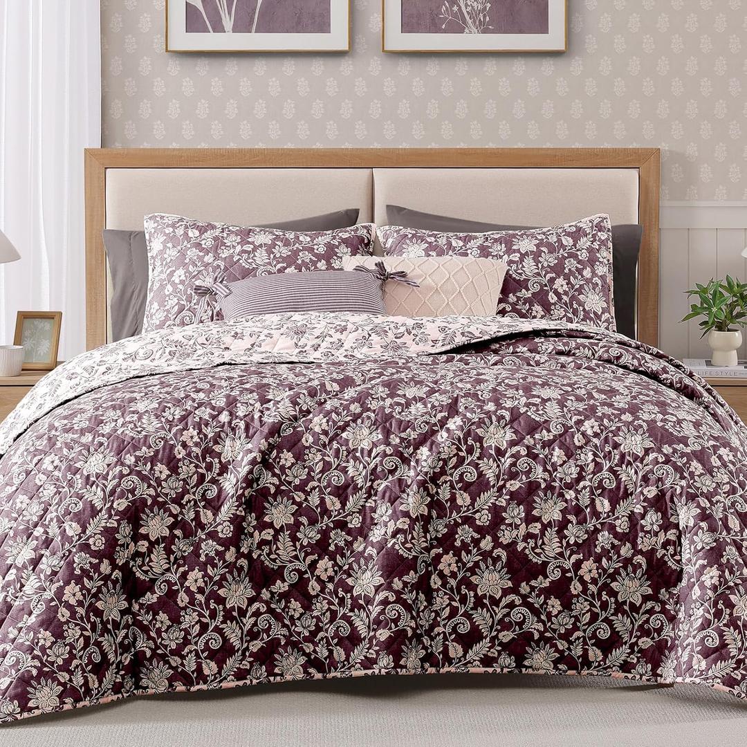 BLOOMHAVEN Quilt Set King Size, Italian Plum Floral Quilt Sets, Reversible Bedspread Lightweight and Breathable for All Seasons, Soft Quilted Bedspread with 2 Pillow Shams