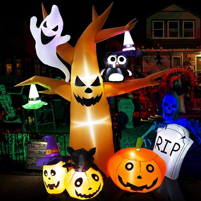 TCFUNDY 8 FT Tall Halloween Inflatable Scary Tree with Ghost, Pumpkin, Owl and Tombstone, Blow Up Inflatables with Build-in LEDs for Halloween Party Indoor, Outdoor, Yard, Garden, Lawn Decorations