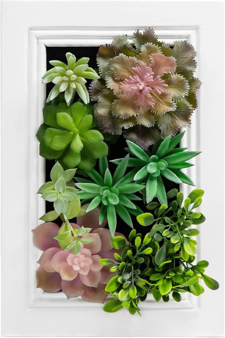 3D Artificial Succulent Wall Art, Wood Frame with Realistic Faux Plant, Wall Hanging Botanical Decoration, Home Decor Idea for Vertical Garden and Fake Plants, White (Size 1)