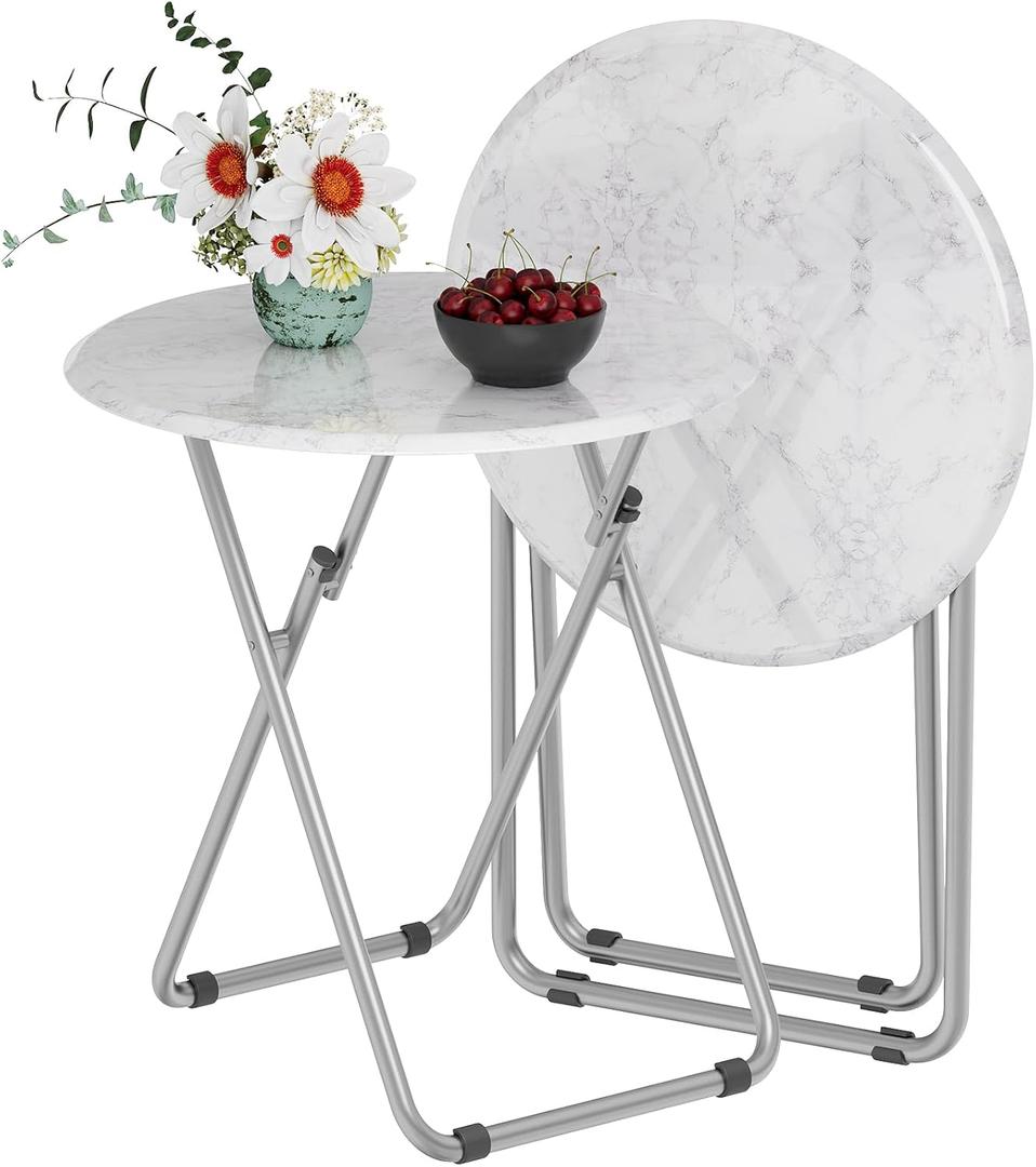 TV Tray Table, Round Folding Table, Foldable Snack Tray for Eating, Small Folding Table Set of 2, Dinner Table for Couch, Living Room, Small Space (White Marble, 2Pcs)