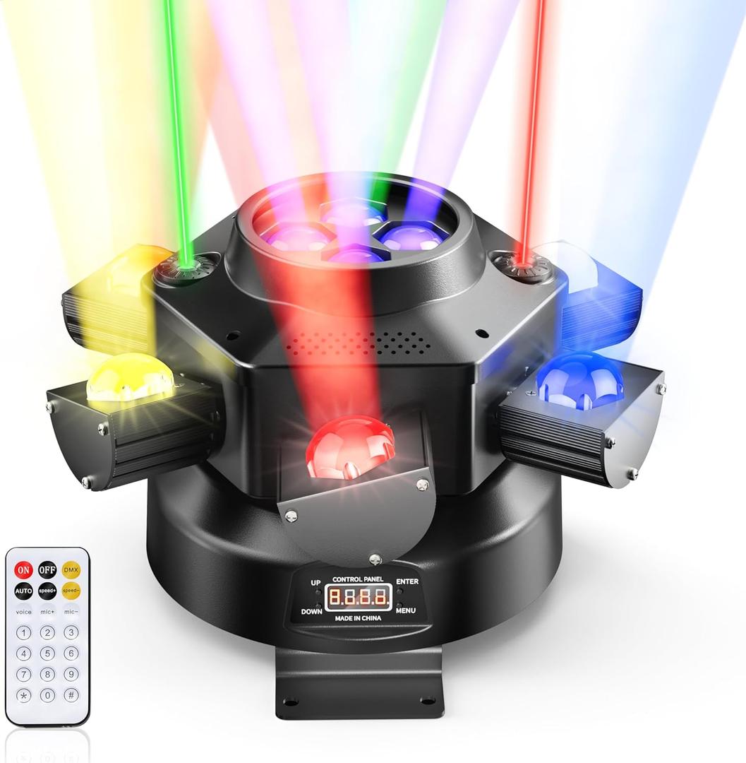 Moving Head DJ Lights, 150W RGBW 4-in-1 LED 6 Arms Disco Stage Light with Mixed Lighting Effects, DMX-512 & Sound Activated & Remote Control, Laser Party Lights for Bar, Wedding, Club and Live House
