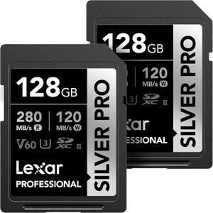 Lexar 128GB (2-PK) Professional Silver PRO SD Card, UHS-II, C10, U3, V60, Full HD, 4K, up to 280MB/s Read SDXC Memory Card, for Photographer, Videographer, Enthusiast (LSDSIPR128G-B2NNU)