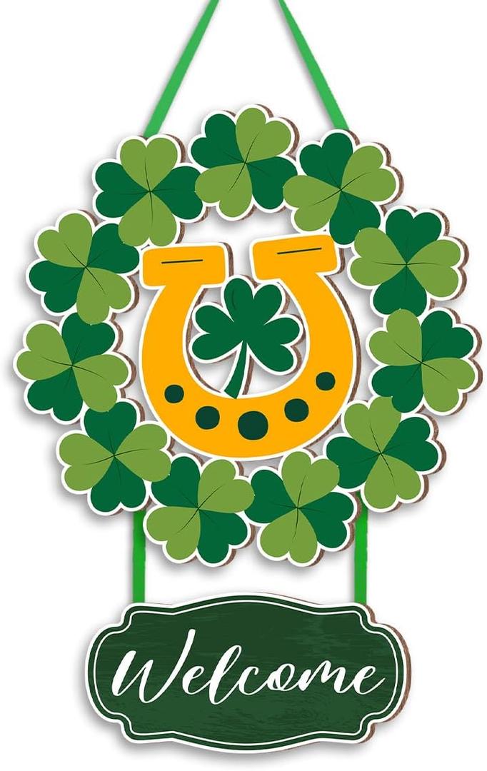 St Patricks Day Welcome Wood Hanging Sign Door Decorations, Shamrock Horseshoe St Patricks Day Wooden Sign Home Wall Decor, St. Patrick's Day Decorations for Home Office