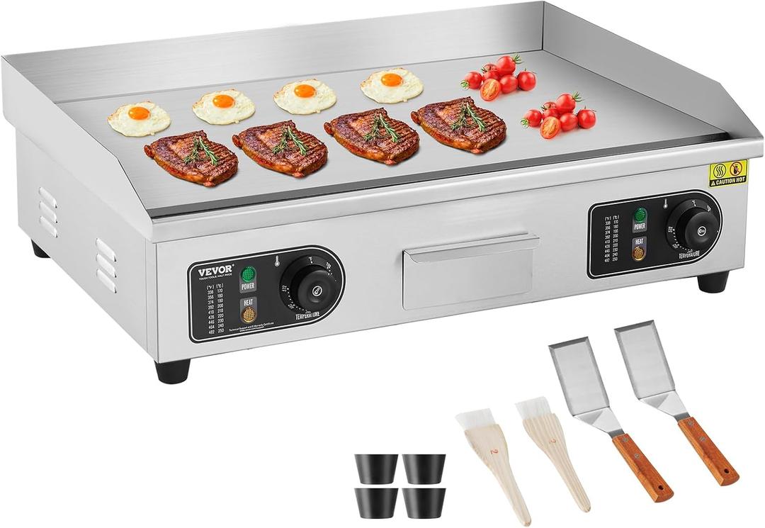 VEVOR Upgraded Commercial Electric Griddle, 2800W Stainless Steel Countertop Flat Top Grill, 26'' Griddle Grill with 2 Shovels and 2 Brushes, 122-572  Adjustable Temp, for Home Restaurant(No Plug)
