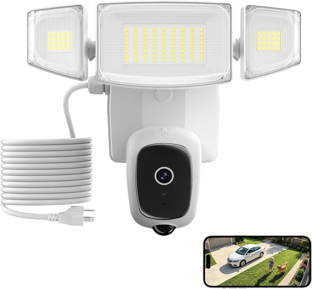 iMaihom 2K Floodlight Camera with Plug-in Power Cable, 3000LM Security Outdoor Cam with Motion-Activated, Color Night Vision, 2-Way Audio, Siren, 24/7 Recording, IP65, 5G/2.4G WiFi, Works with Alexa