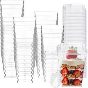 Mini Dessert Cups with Spoons and Lids, 5 Oz Square Mini Clear Parfait Cups, Shooters Cups for Party, Clear Yogurt Parfait Cups for Pudding, Fruit, Mousse, Snacks & Appetizers