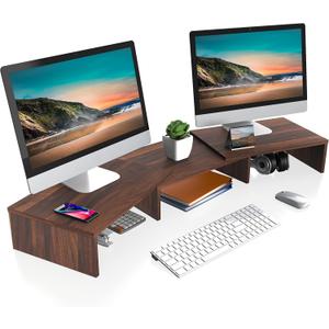 FITUEYES Dual Monitor Stand 3 Shelf Computer Monitor Riser, Wood Desktop Stand with Adjustable Length and Angle, Desk Accessories, Office Supplies Medium Brown, DT108002WB