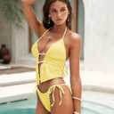 ZAFUL Halter Swimsuits for Women Textured Backless 2 Piece Bathing Suits Cheeky High Cut String Tie Side Bikini Sets (Yellow, L)
