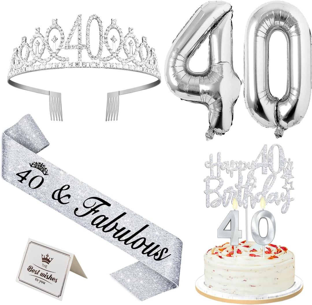 40th Birthday Decorations Women Silver with 40th Birthday Sash and Tiara, Cake Topper and Candles, Silver Number Balloons, 40 Year Old Gifts for Women