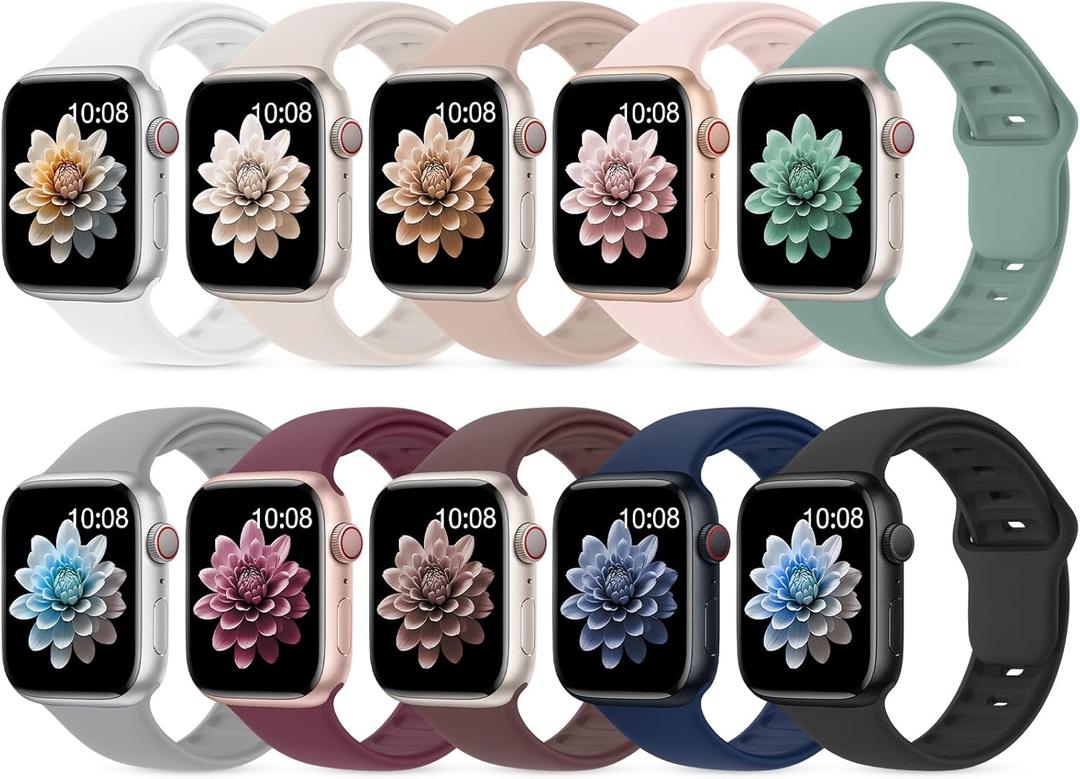 10 Pack Silicone Bands Compatible with Apple Watch 38mm 40mm 41mm 42mm 44mm 45mm 46mm 49mm Women Men, Soft Waterproof Replacement Wrist Sport Band for iWatch Series 11 10 9 8 7 6 5 4 3 2 1 SE Ultra (A-Black/Starlight/Pink Sand/Cactus/Navy Blue/Grey/Wine/Milk Tea/White/Smoke Violet)