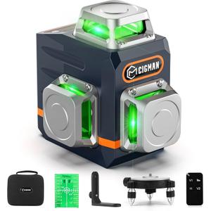 CIGMAN Laser Level Self Leveling 3x360 3D Green Cross Line for Construction and Picture Hanging, Rechargeable battery, Remote Controller, Magnetic Rotating Stand Included