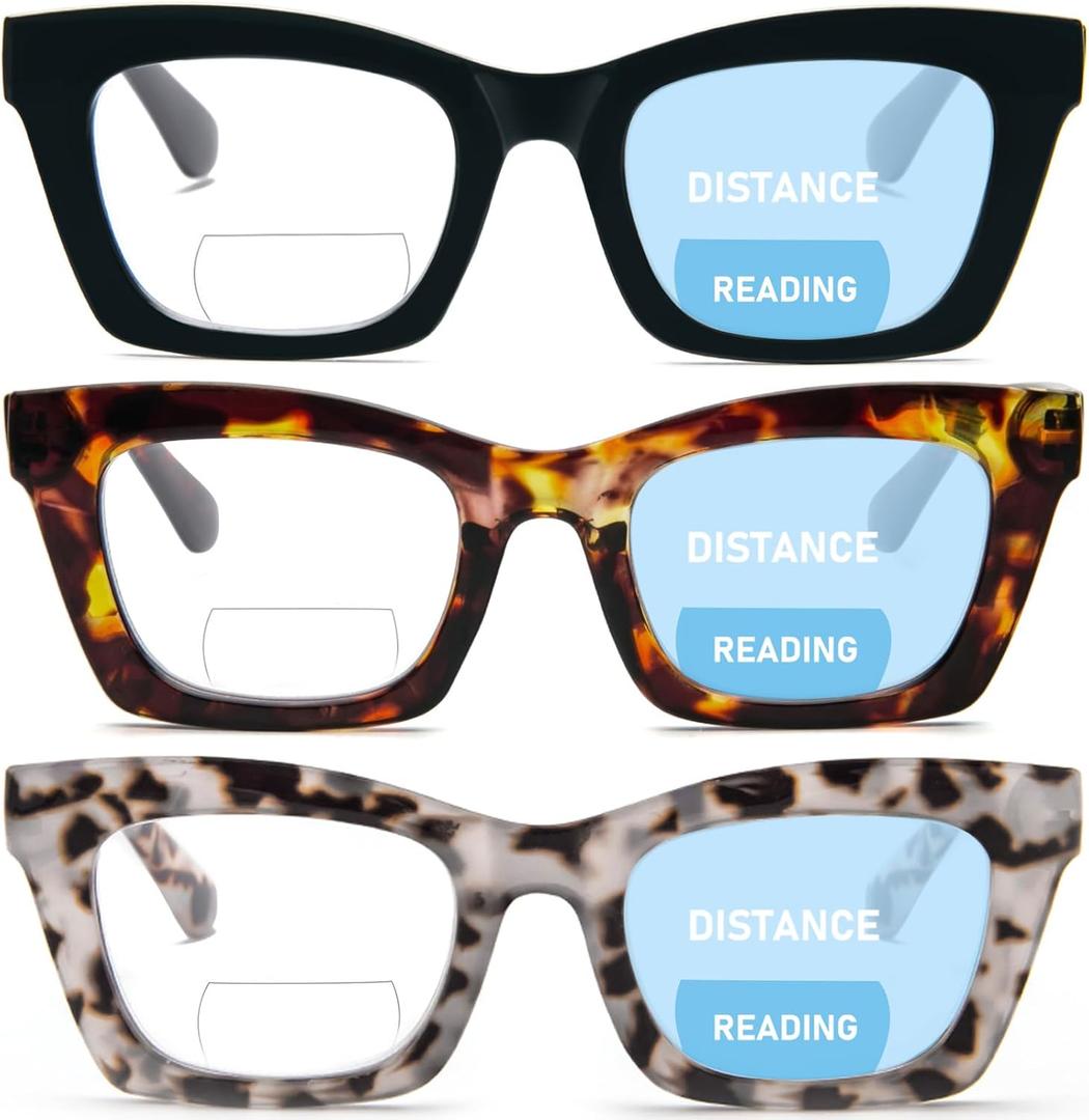 REAVEE 3 Pack Bifocal Reading Glasses for Women, Blue Light Blocking Stylish Thick Frame Readers Spring Hinges (Black/Leopard/Grey Leopard)