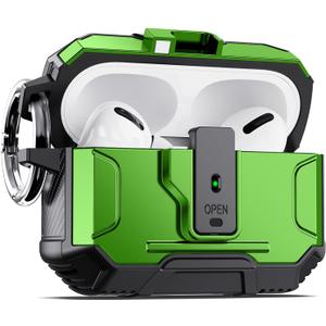 Armor Earphone Cover Case for AirPods Pro 2, Military Grade Full Body Shockproof Protection Hard Case, Support Wireless Charging with Keychain, Magnetic Lid, Front LED Visible, Green