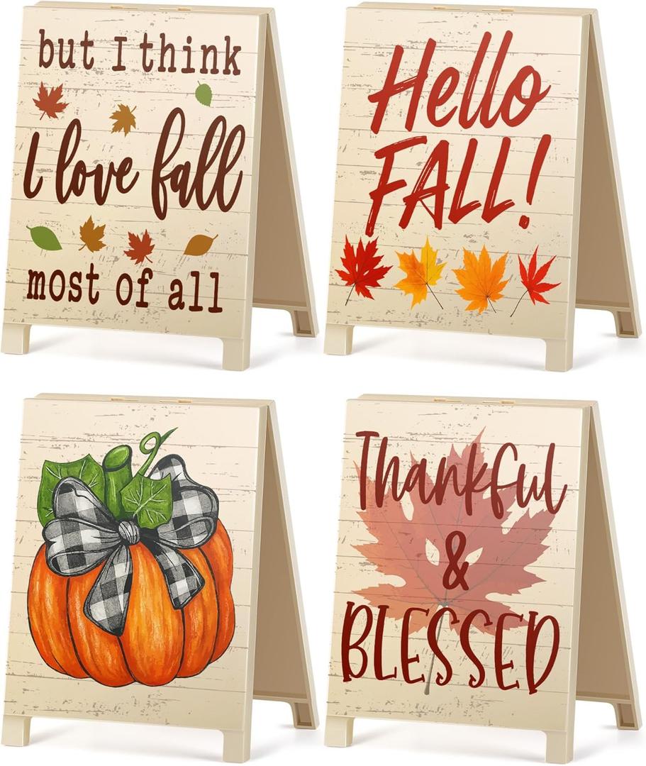 4Pcs Hello Fall Decorations for Home Thanksgiving Decor Desk Sign Gifts for Coworkers Friends I Love Fall Most Of All Thankful Blessed Plaque for Farmhouse Garden Yard Autumn Decor White Elephant Gift