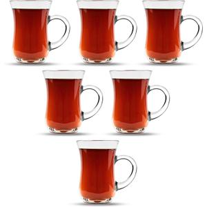Turkish Tea Glasses With Handle - 6 pcs Tea Cups, Slim Waist Design and Thick Sole Prevent the Tea From Getting Cold, Capacity 145cc, 4 3/4 Oz, 2.5" x 4H