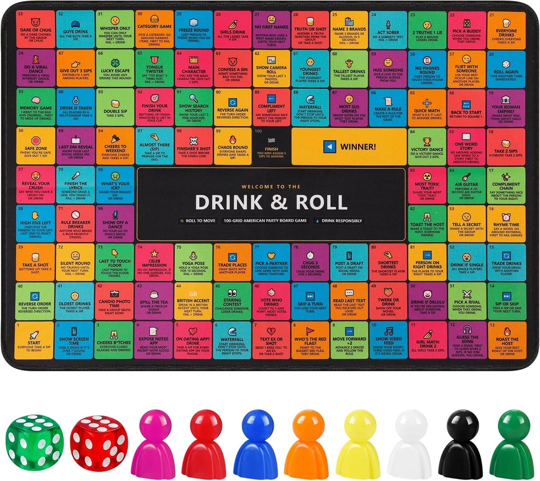 Drinking Board Games Mat - 100 Game Modes, Large Waterproof Anti-Slip Rubber Gaming Table Pad Drinking Games for Adults, Bachelorette Party, Game Nights | Family Party Essentials, Fits 2-8 Players