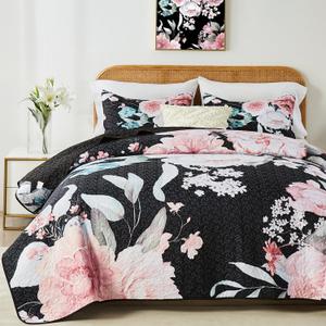 Yogeneg Full Queen Size Quilt Set, Pink Floral Botanical Pattern Black Bedding Set,3 Piece Lightweight Soft Summer Bedspread Coverlet with 2 PIillow Sham for All Season(Pink Floral,90"x96")