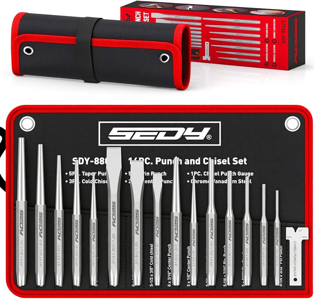 16-Piece Precision Punch & Chisel Set - Taper Punch, Pin Punch, Center Punch, Cold Chisels & Gauge for Versatile Applications