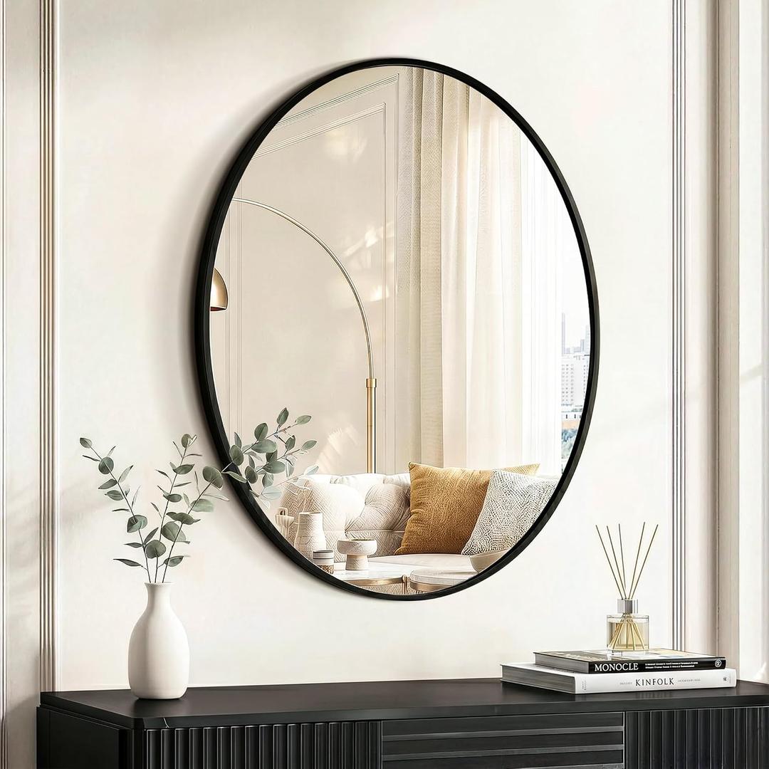 Black Oval Bathroom Mirror for Wall, 22"x28" Bathroom Vanity Mirror | HD Shatterproof Glass, Metal Framed, Oval Vanity Mirrors for Bathroom, Bedroom, Living Room, Entryway, Horizontal or Vertical
