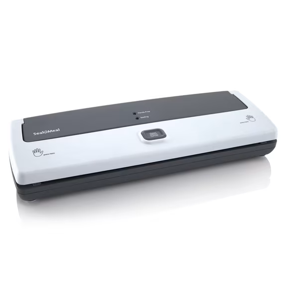Seal-A-Meal Vacuum Sealer and Bags, Compact White Food Sealer with One-Touch Sealing for Seal-A-Meal and FoodSaver Vacuum Seal Bags and Rolls, Includes 4 Bags