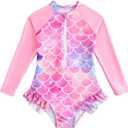 GORGLITTER Girl's Swimsuit One Piece Long Sleeve Rash Guard Scale Ruffle Bathing Suit Bikini Cute Swimwear