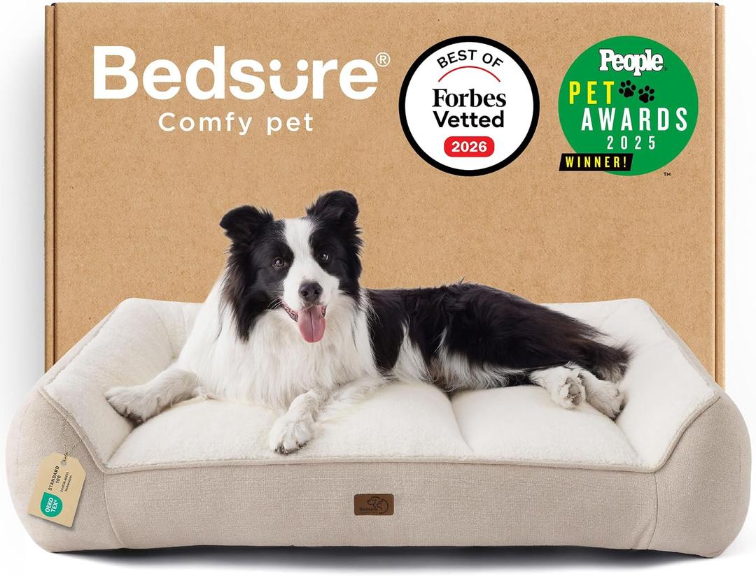 Bedsure SupportMax Orthopedic Dog Beds Large Sized Dog - Extra Thick Supportive Large Dogs Bed with Waterproof Washable Cover, L Plus Comfort Pet Sofa with Soft Sherpa and Nonskid Bottom, Beige, 38"