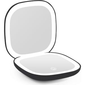 Compact Magnifying Travel Makeup Mirror with LED Light - 3.5 inches 1X/10X Magnification Small Hand Pocket Dimmable Double Sided USB Rechargeable Touch Screen, Portable Tabletop Cosmetic (Black)